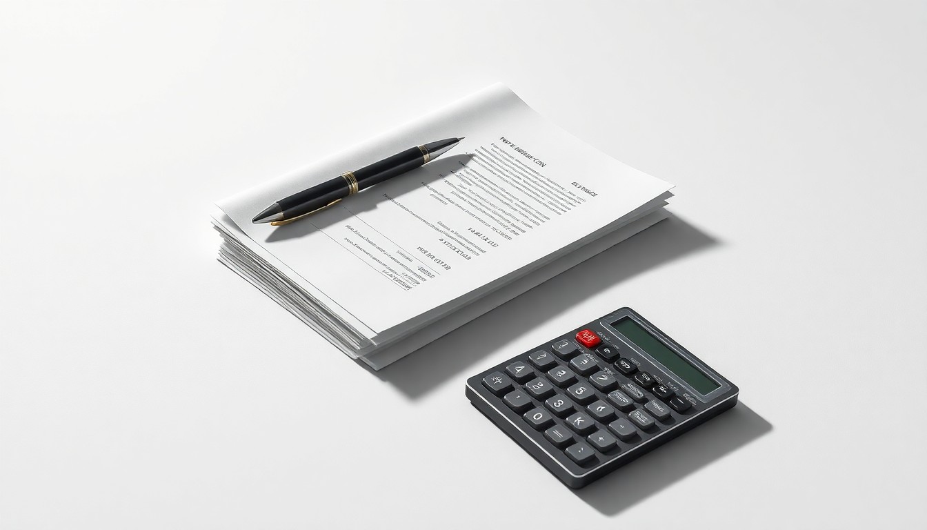 A minimalist studio photograph featuring a stack of financial documents, a pen, and a calculator arranged on a clean, monochromatic background, symbolizing the abstract concepts of corporate strategy, finance, and risk.