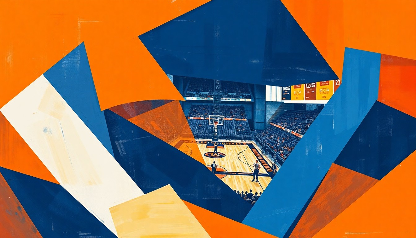 A fragmented, geometric painting in shades of orange, blue, and white, depicting the dynamic movements and energy of a college basketball game, without any recognizable figures or text.