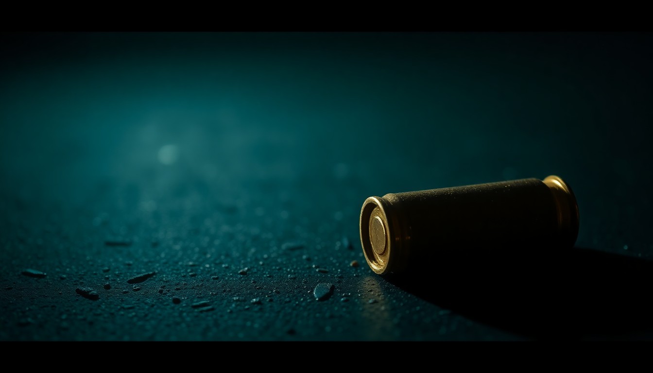 An extreme close-up of a single spent bullet casing on a dark, textured surface, conceptually illustrating the aftermath of a violent crime.