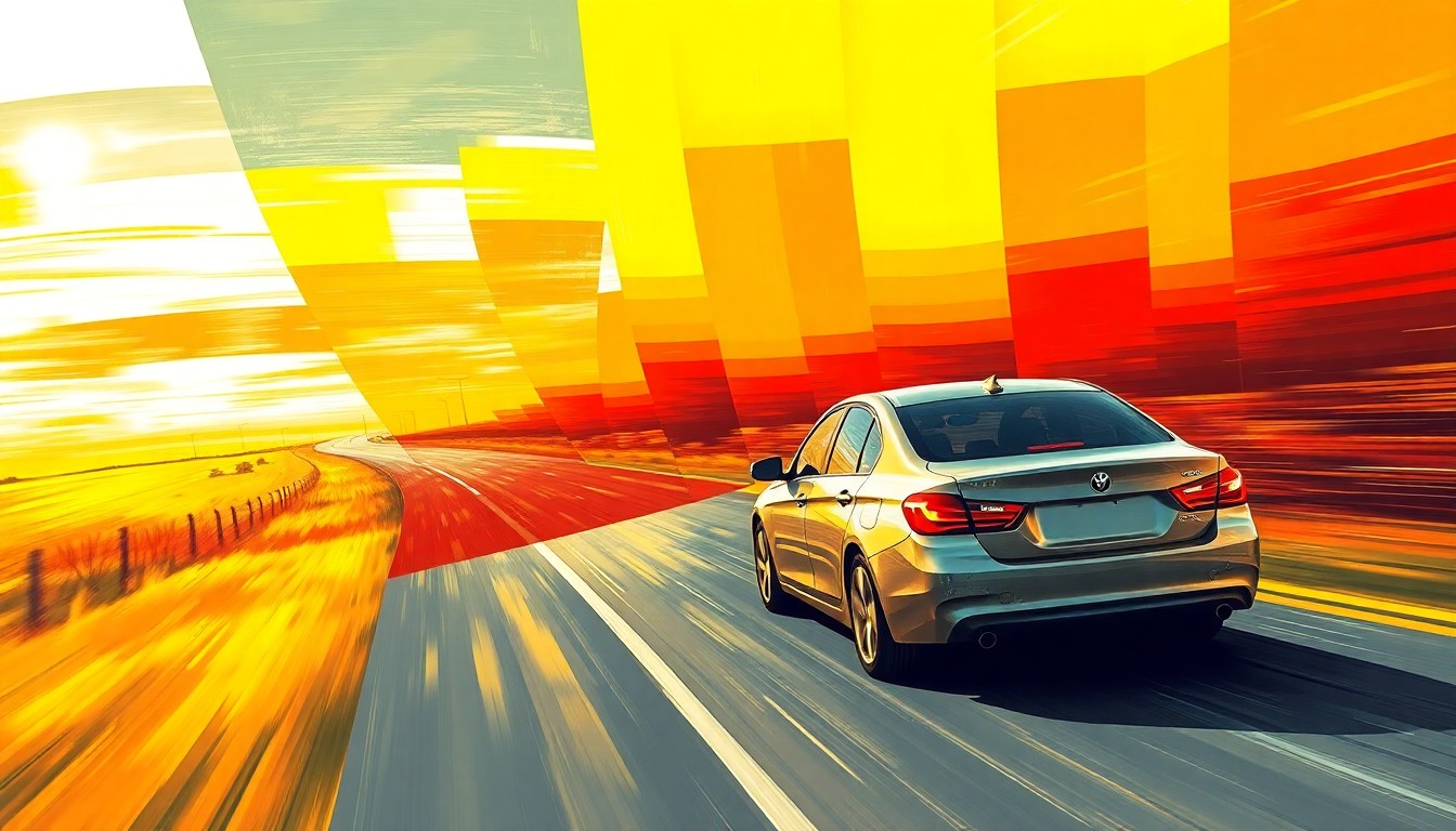 A dynamic, abstract painting of a speeding car on a rural highway, with overlapping geometric shapes and brushstrokes in vibrant yellows, oranges, and reds, conveying a sense of motion and energy.