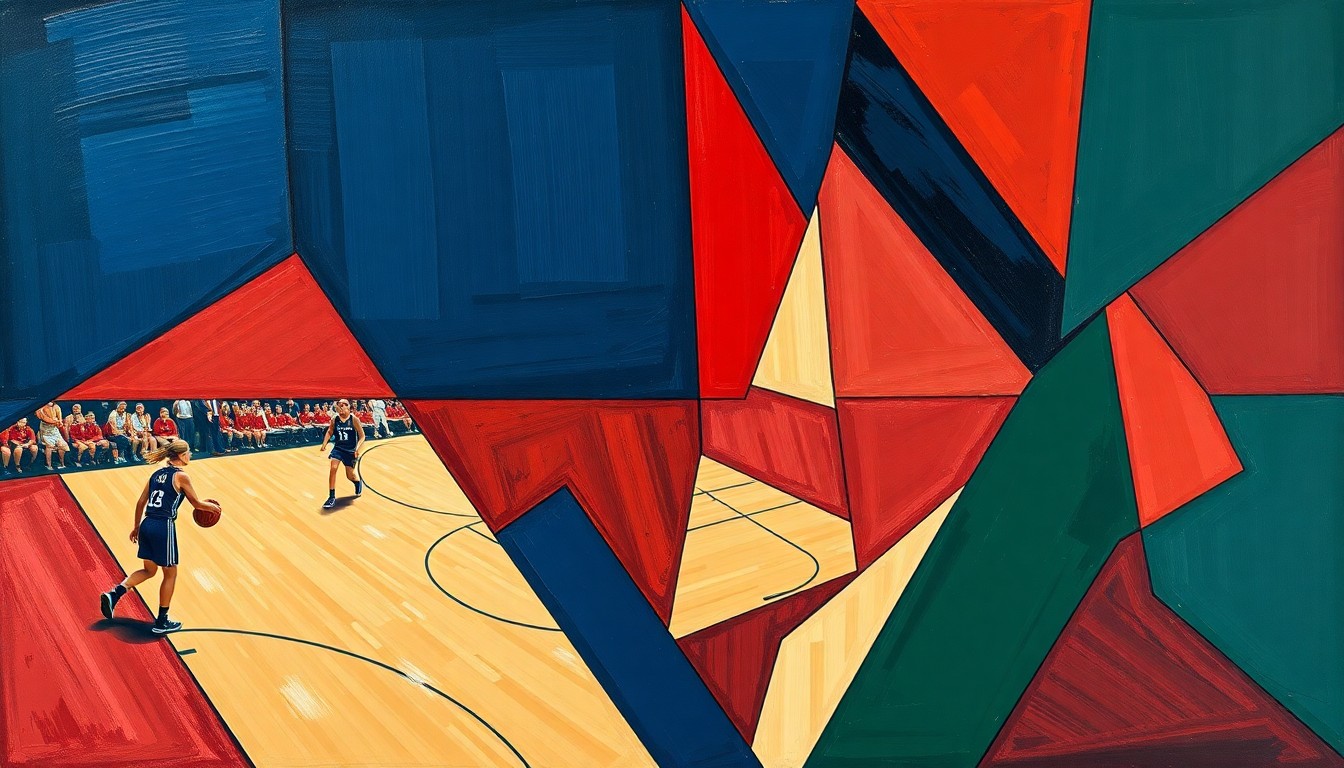 A cubist-style painting featuring sharp, overlapping geometric shapes in navy, red, and green, conceptually representing the competitive intensity of the women's Final Four basketball games.