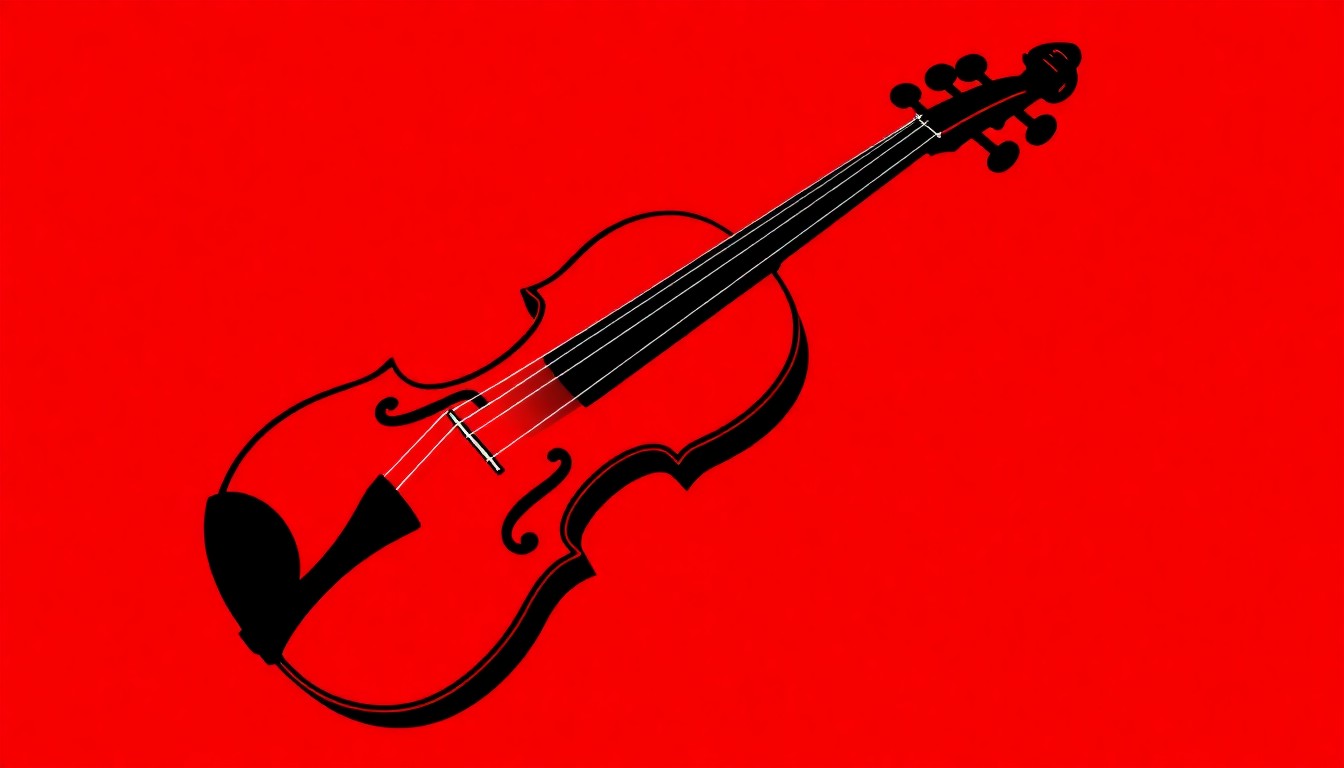 A minimalist, geometric silhouette of a violin in solid black against a vibrant red background, conveying the musical legacy of Tzruya 'Suki' Lahav and her contributions to the E Street Band.