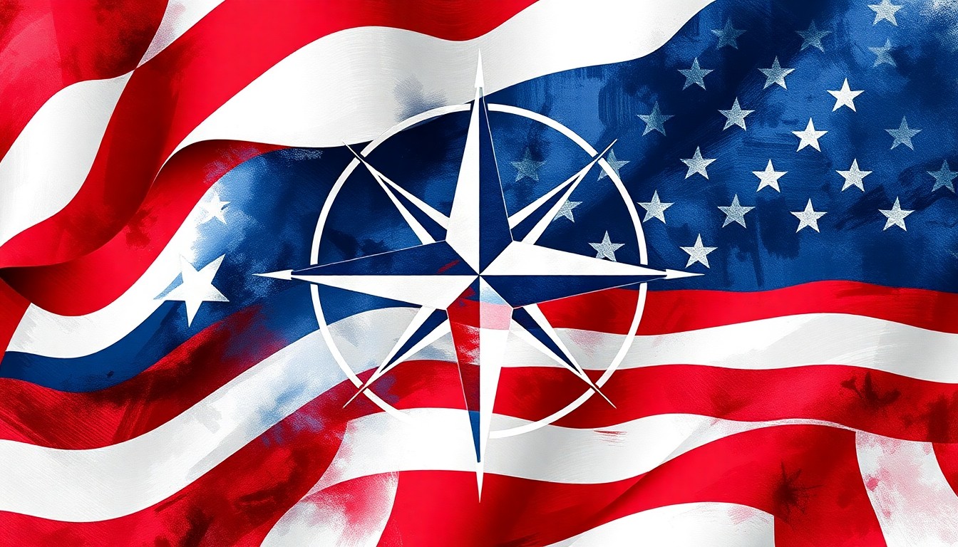 An abstract, fragmented painting featuring the NATO logo and American flag in overlapping waves of red, white, and blue, conveying a sense of tension and disunity.