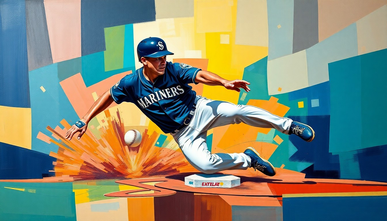 A cubist, geometric painting depicting a baseball player sliding into a base, with the player's body and the field of play broken down into sharp, overlapping planes of navy blue, teal, and white.