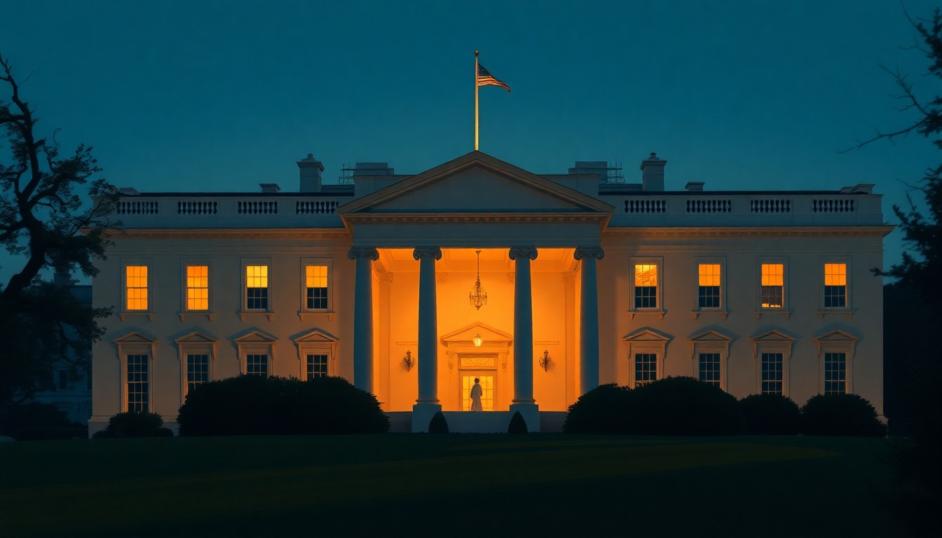 A serene, photorealistic painting of the south side of the White House, with the new ballroom addition visible in the background, bathed in warm, golden light and deep shadows, capturing the quiet tension surrounding the controversial project.