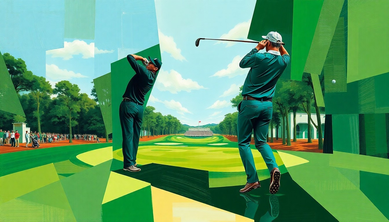 A fractured, multi-perspective painting depicting a golfer's swing and the grounds of Augusta National Golf Club broken down into sharp, overlapping geometric planes in shades of green, tan, and blue, conveying the competitive nature of earning a spot in the Masters field.