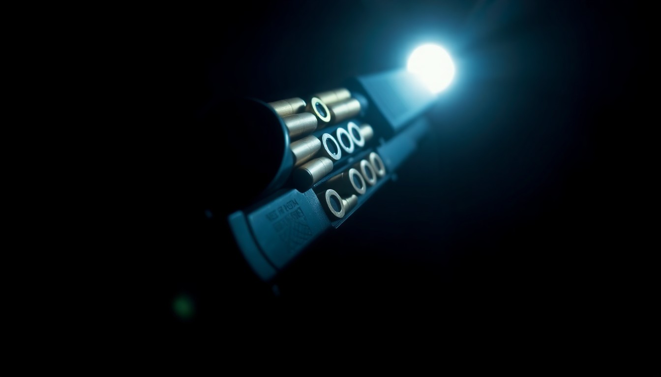 An extreme close-up photograph of a handgun magazine loaded with ammunition, lit by a harsh, direct camera flash against a pitch-black background, conceptually illustrating the threat of gun violence in a sexual assault case.
