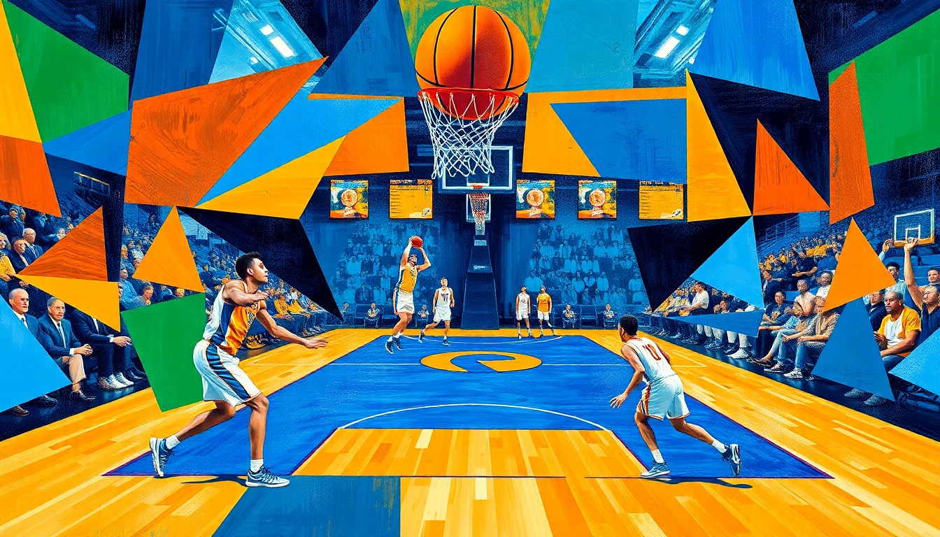 A cubist, geometric painting depicting a college basketball game, with the players' bodies and the court reduced to angular, intersecting shapes in vibrant colors.