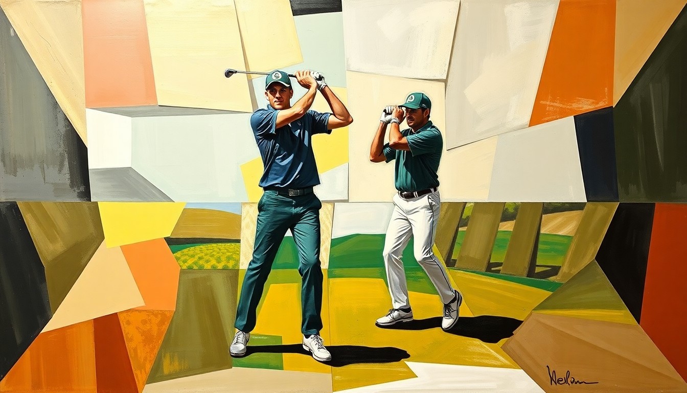 A cubist, geometric painting depicting the Kelce brothers in overlapping, fragmented forms, conceptually representing their potential fashion plans for the Masters tournament.