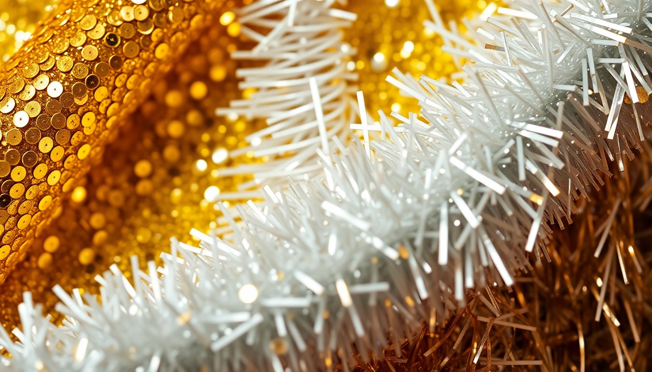 An extreme close-up photograph of shimmering gold sequins and silver tinsel, capturing the luxurious textures and high-contrast lighting associated with music industry glamour.