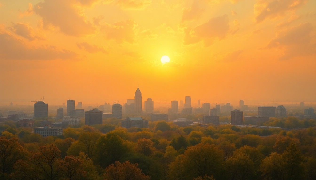 A sweeping, majestic landscape painting depicting the Baltimore skyline shrouded in a warm, hazy spring atmosphere, with the city's buildings and landmarks softened and dwarfed by the overwhelming scale of the natural environment.