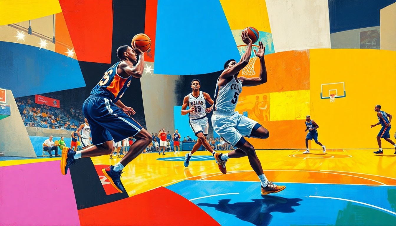 A cubist-style painting depicting a basketball player in motion, with their form broken down into overlapping geometric shapes and planes in vibrant colors, conceptually representing the flaws and distortions of the NBA's 65-game awards eligibility rule.
