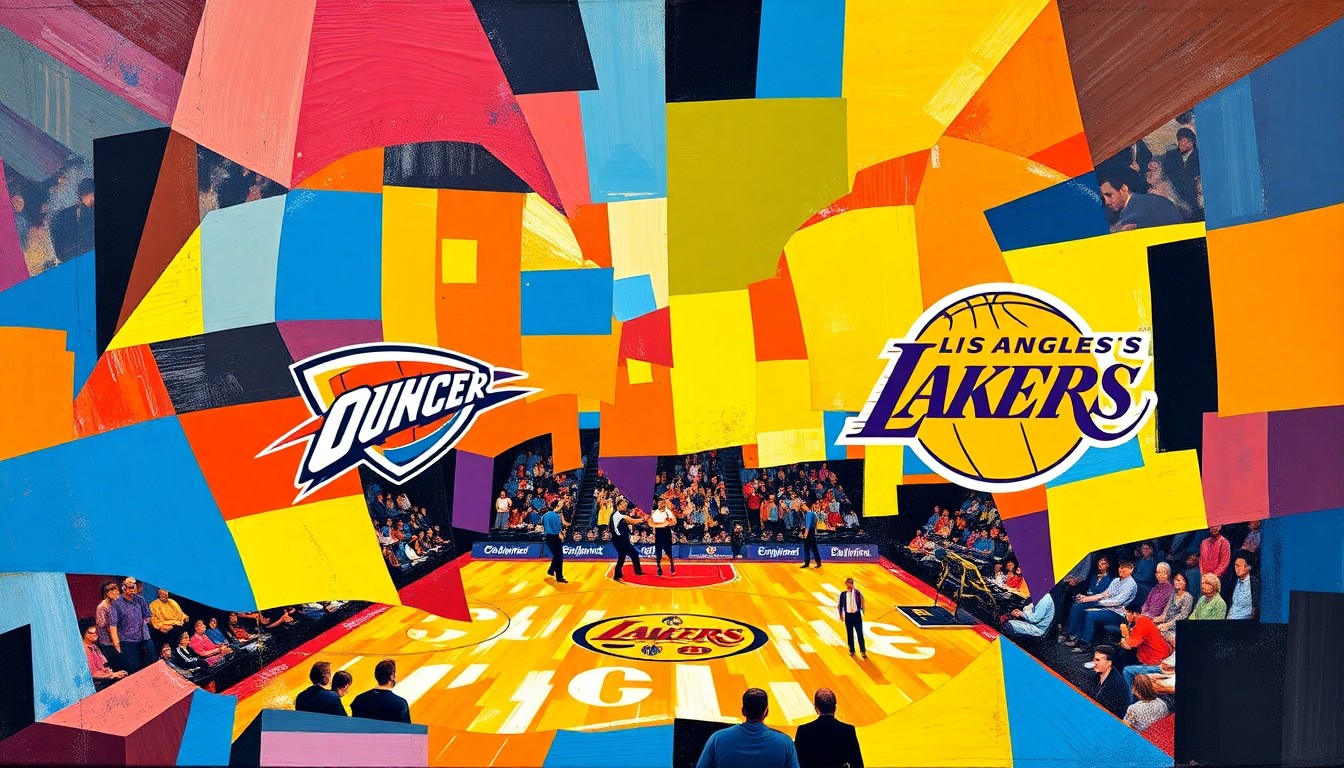 A cubist, geometric painting depicting a basketball game between the Oklahoma City Thunder and Los Angeles Lakers, with the players and court broken down into overlapping planes of vibrant team colors.