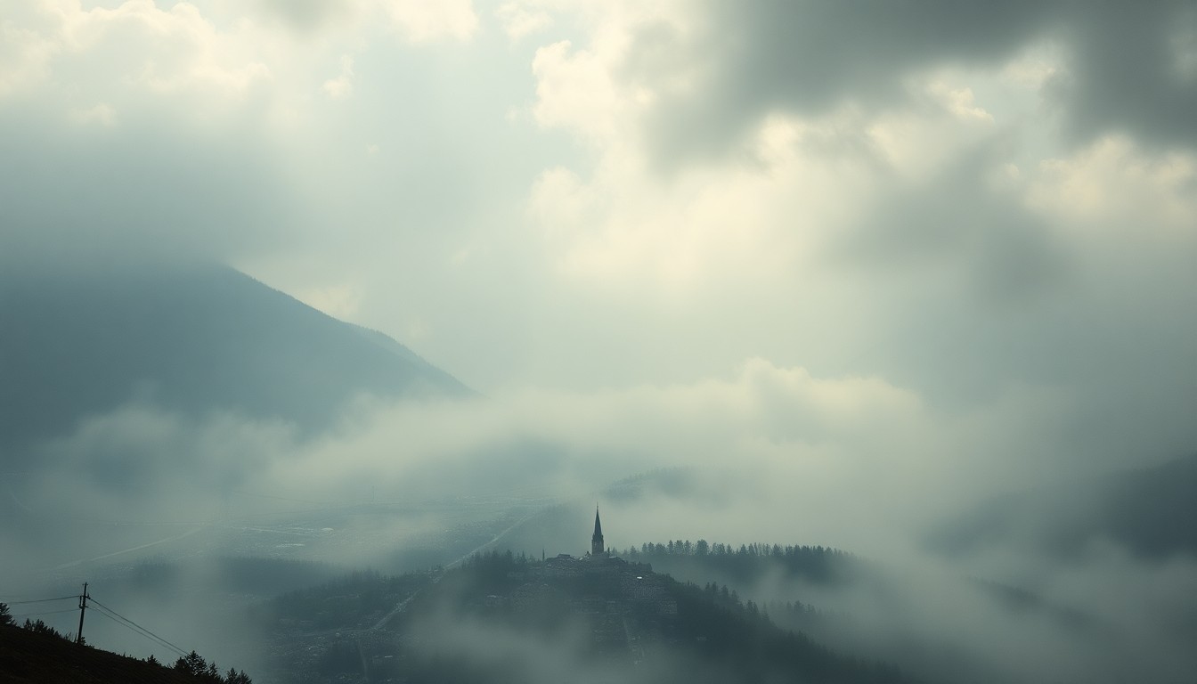 A heavily obscured, atmospheric landscape painting depicting a small town shrouded in mist, with the buildings and streets barely visible, conveying a sense of the overwhelming scale and power of the natural environment.