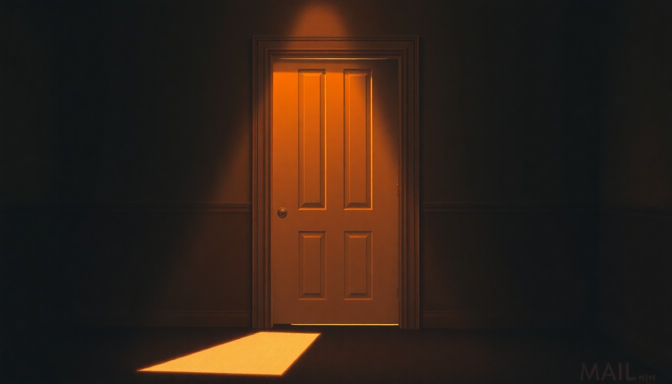 A photorealistic painting of a dimly lit hotel room door, with warm light streaming in from an unseen window, casting deep shadows across the frame and creating a sense of quiet unease and institutional decay.