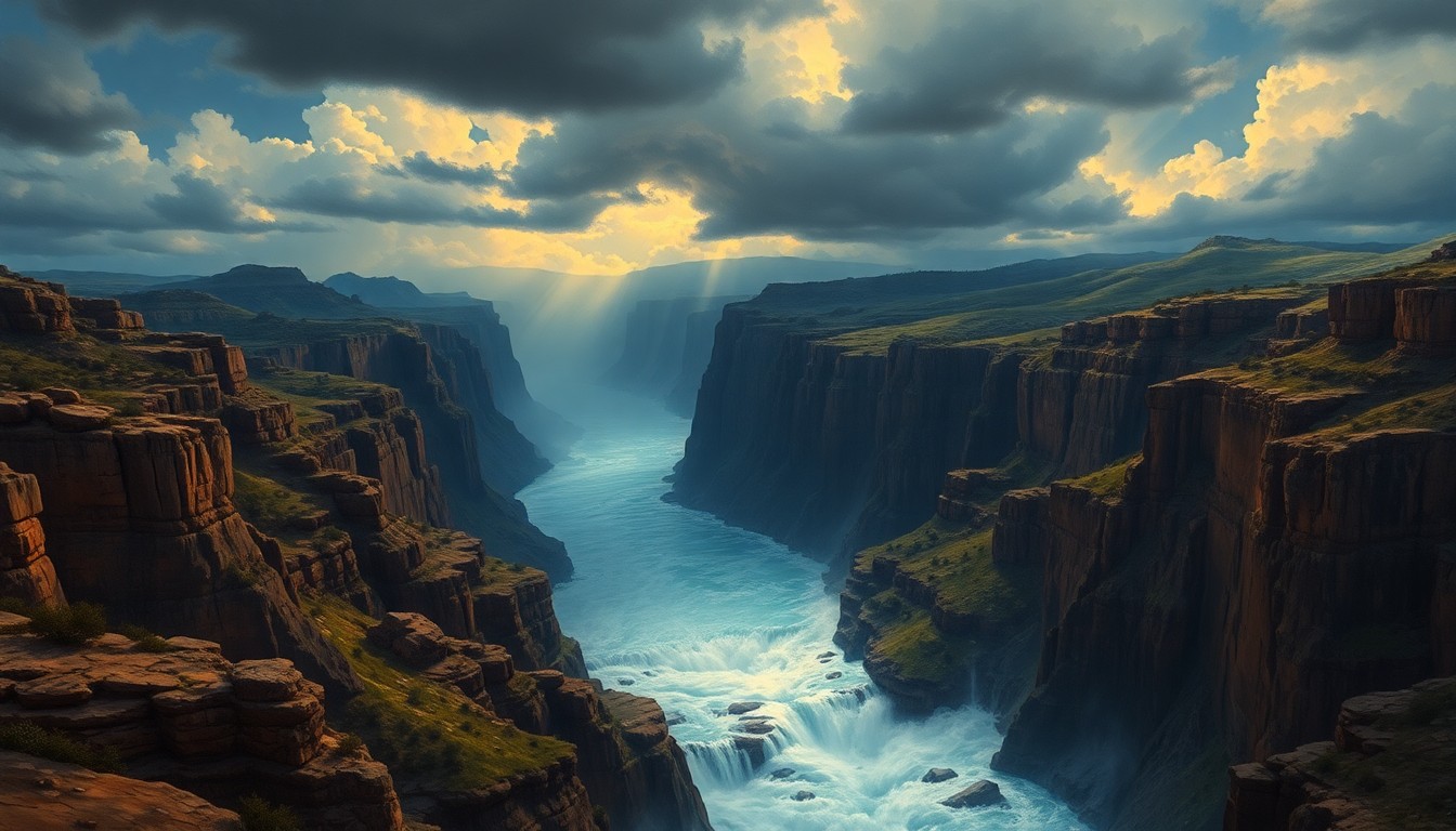 A vast, atmospheric landscape painting depicting a remote canyon filled with a massive, swirling torrent of floodwater, dwarfing any physical structures or human figures caught within the scene and conveying the overwhelming, sublime scale of the natural disaster.