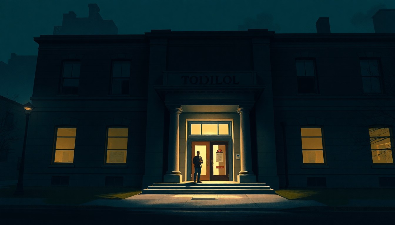 A dimly lit, cinematic painting of the exterior of a Toledo municipal building at night, with a lone figure standing in the doorway, conveying a sense of quiet contemplation and civic duty.