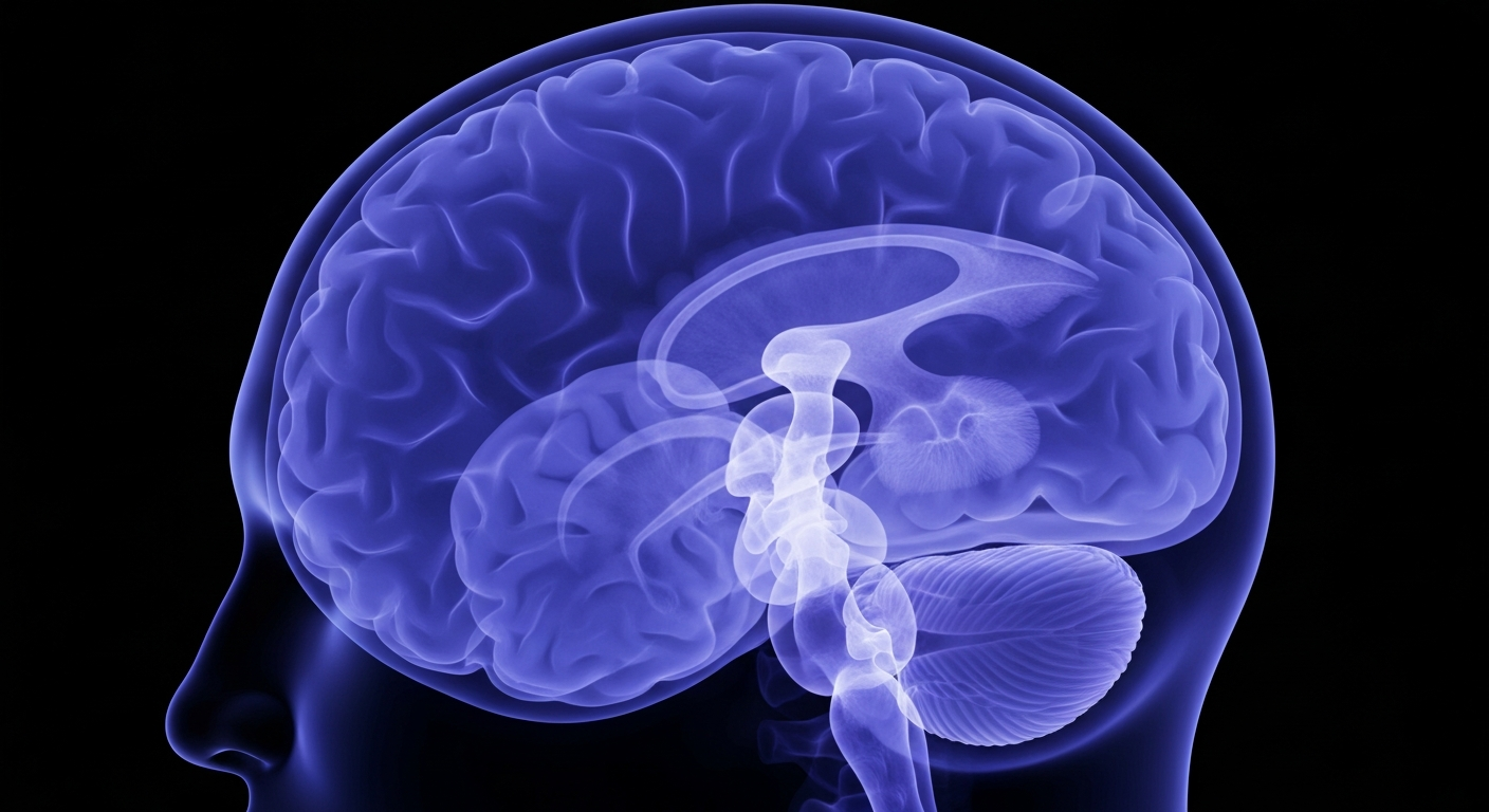 A ghostly, translucent X-ray image of a human brain, with glowing blue and purple structures revealing the intricate neural pathways and internal architecture, conveying the cognitive complexities of ADHD in a conceptual, non-literal way.