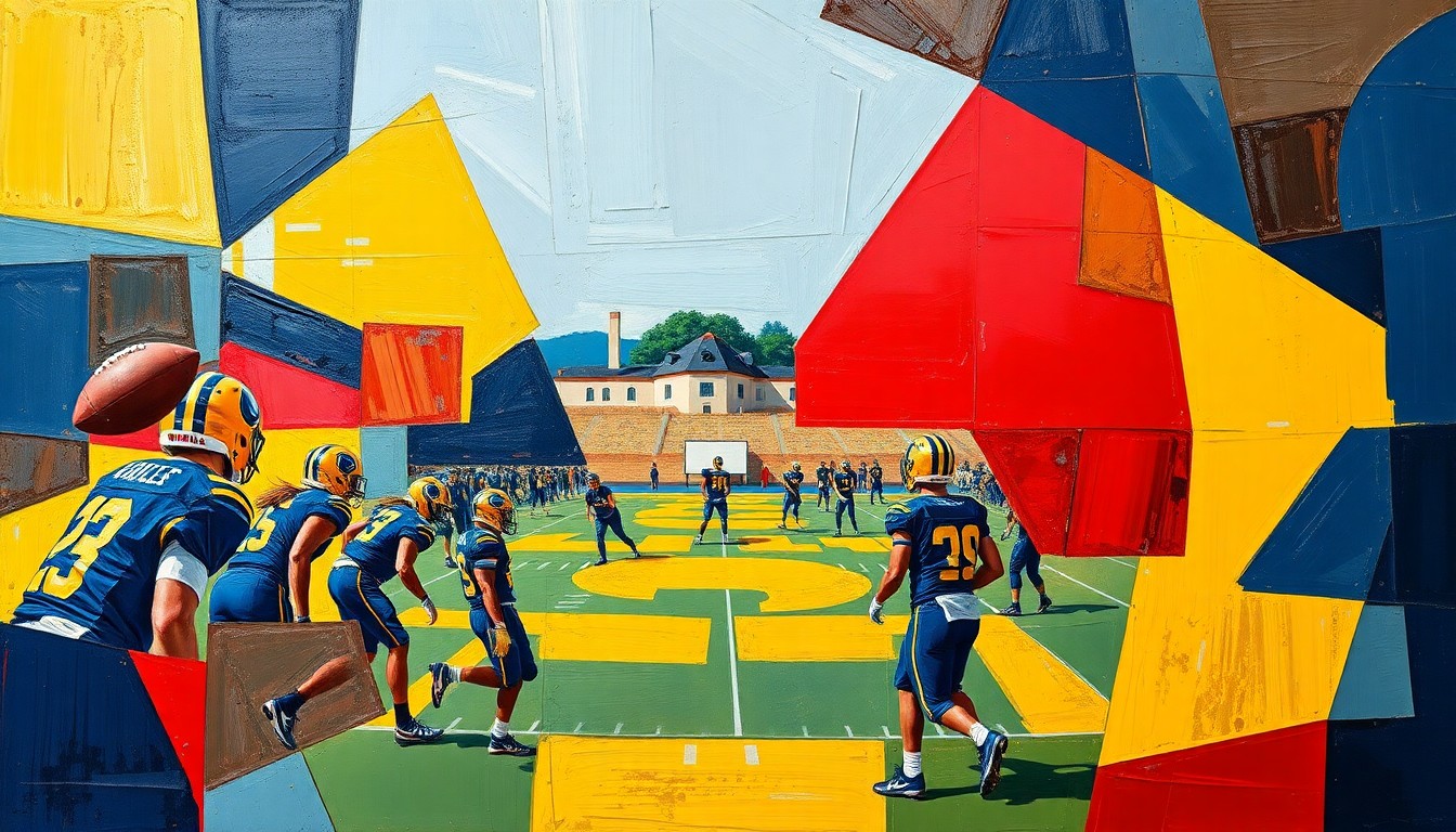 A fragmented, geometric painting depicting the dynamic movements and intense focus of a college football practice, with sharp planes of navy, gold, and crimson hues.