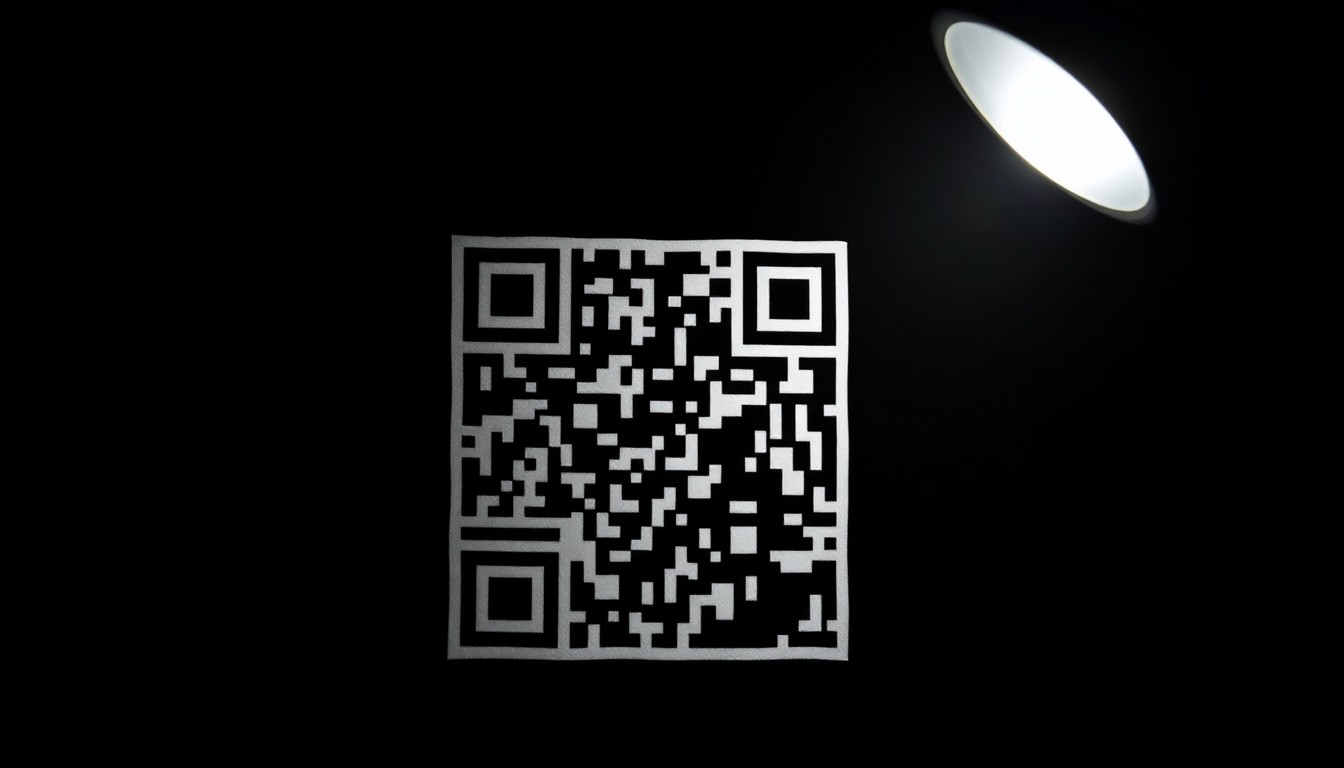 An extreme close-up photograph of a QR code against a pitch-black background, lit by a harsh, direct camera flash, conceptually representing the dangerous lure of a scam's malicious link.
