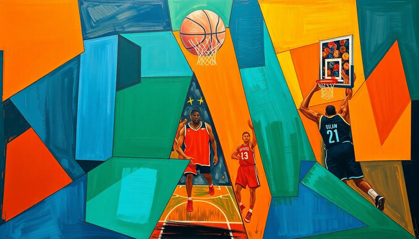 A cubist-style painting depicting a basketball game broken down into sharp, overlapping geometric shapes in vibrant colors, conveying the dynamic energy and shifting perspectives of the sport.