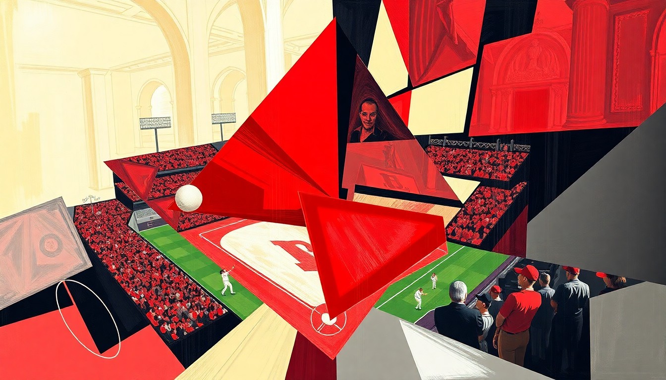 A fragmented, geometric painting in vibrant shades of scarlet, cream, and black, depicting the action and movement of a softball game in an abstract, multi-perspective style.