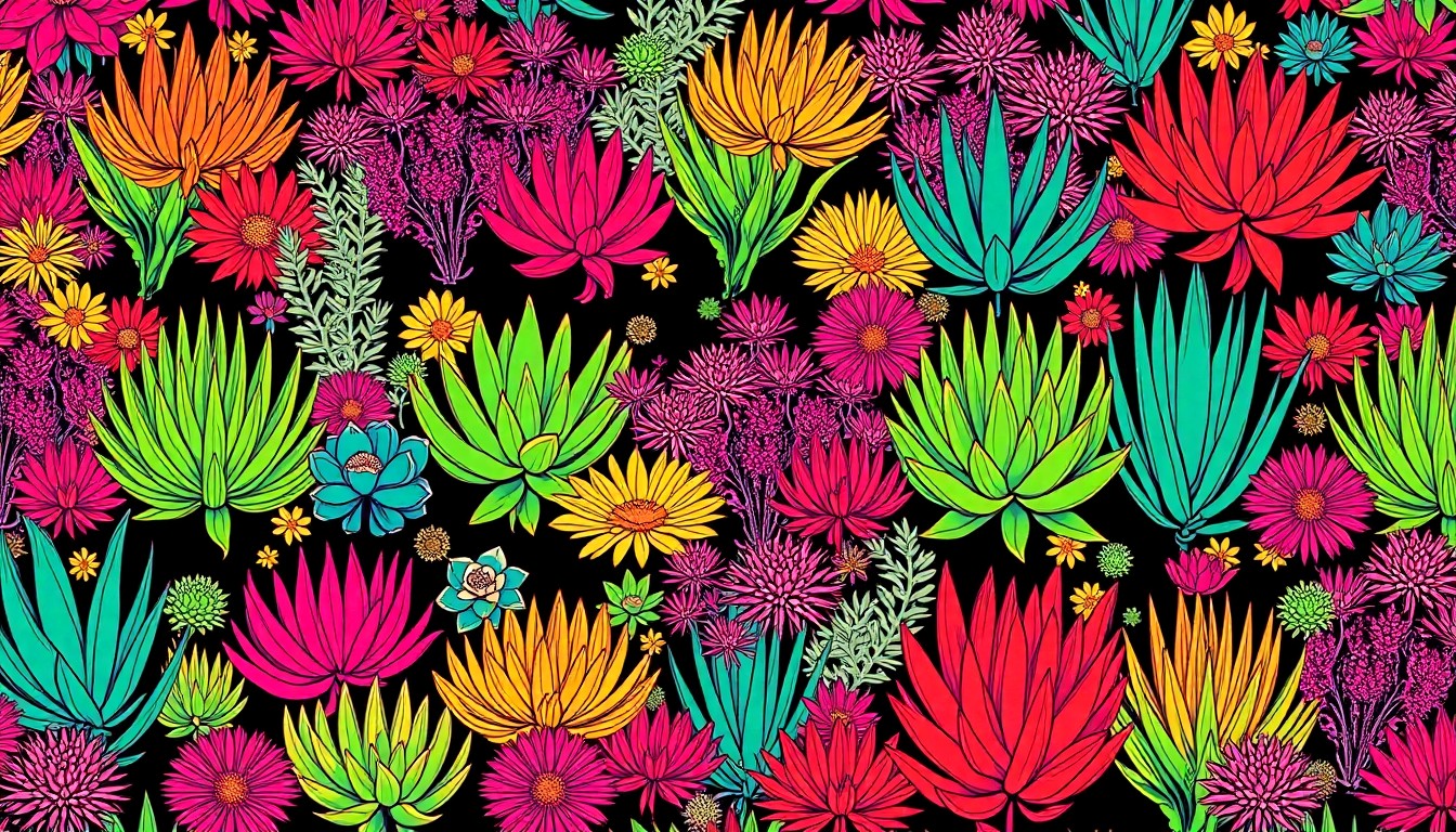 A bold, pop art-inspired grid of colorful, stylized native plants and fire-resistant succulents, conceptually representing the city's efforts to update landscaping requirements for commercial developments.