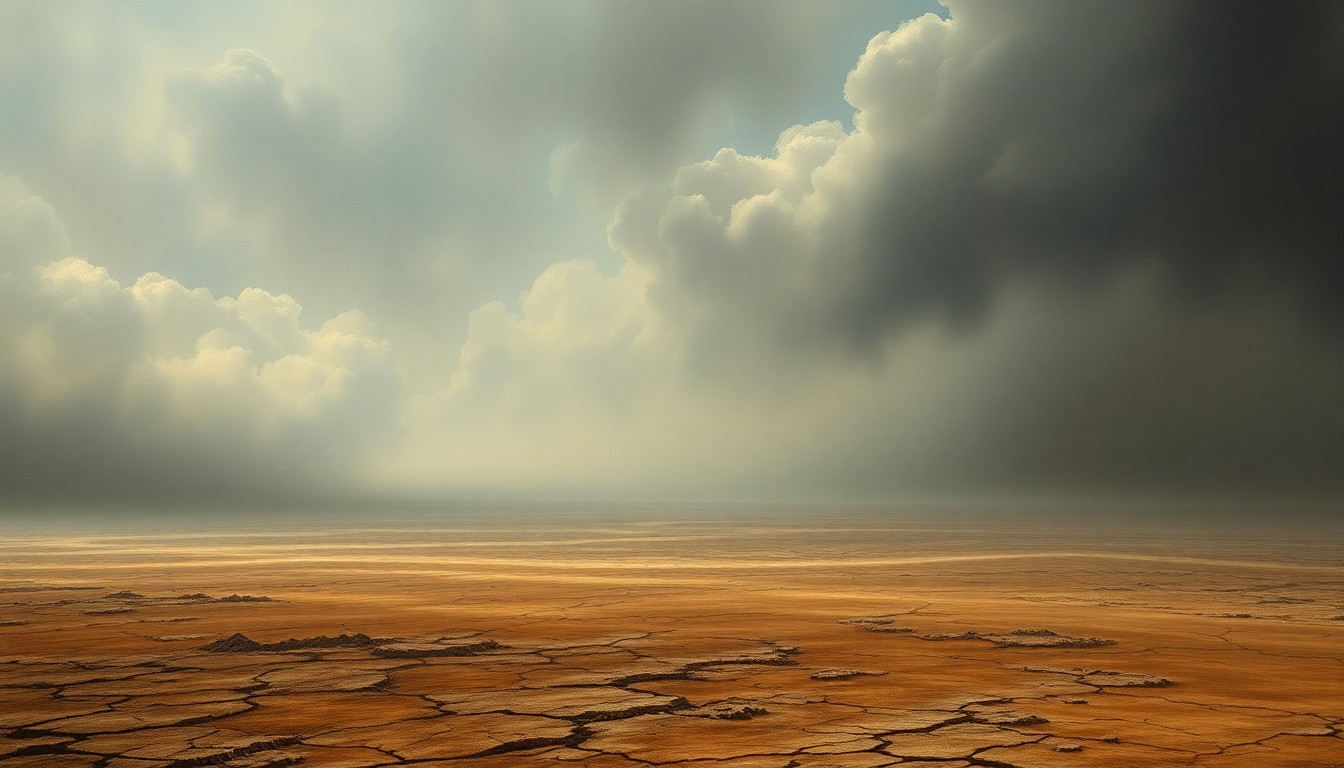 A sweeping, atmospheric landscape painting in muted earth tones, with a cracked, dry ground stretching out under a hazy, oppressive sky, conveying the overwhelming scale and melancholy of a severe drought.