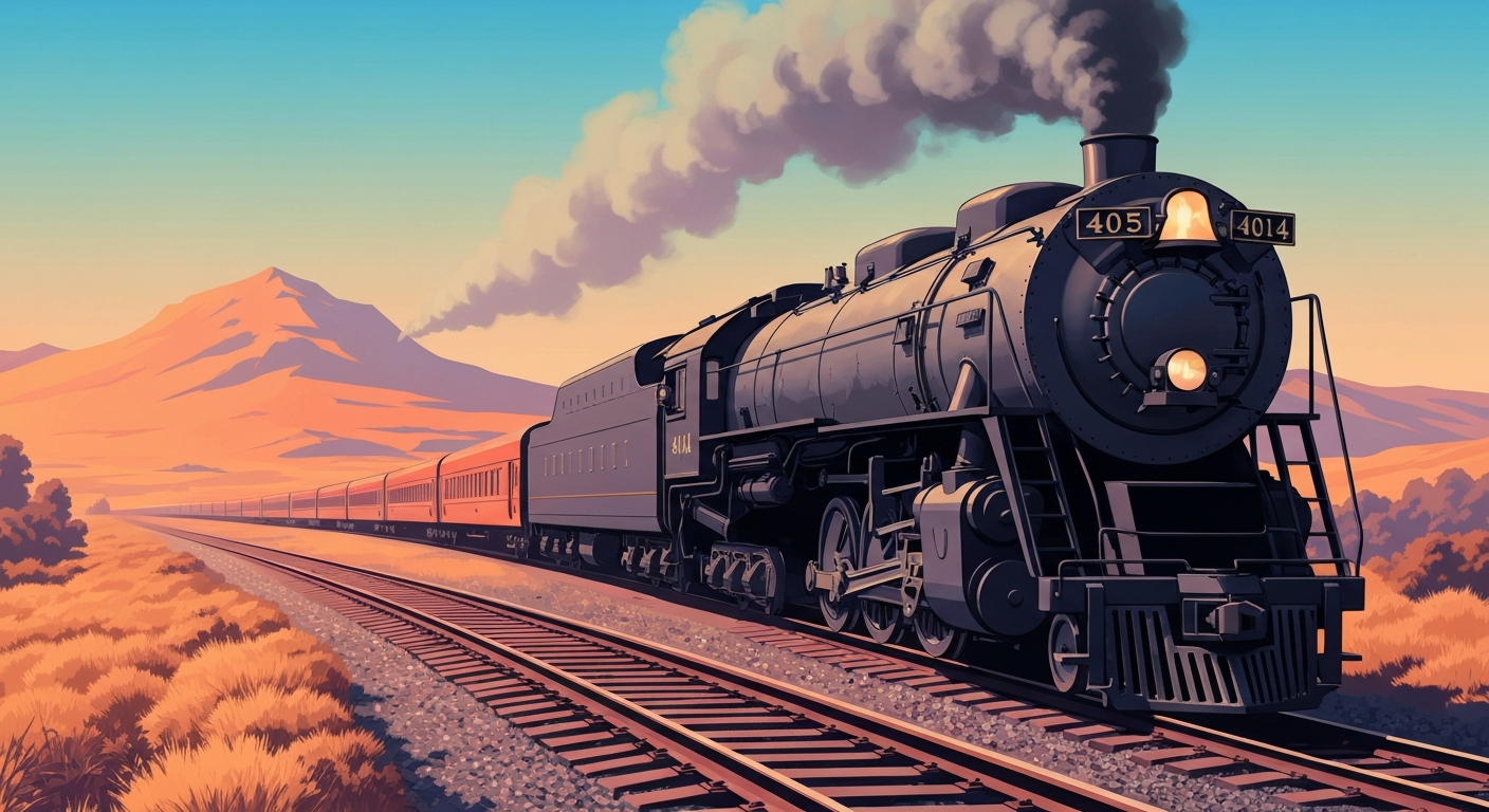 A highly stylized, geometric illustration depicting a massive, streamlined steam locomotive in the foreground, set against a sweeping, airbrushed landscape in shades of blue and orange. The image captures the power and grandeur of the Big Boy 4014 locomotive as it tours Utah, evoking the state's railroad history and the nation's industrial past.
