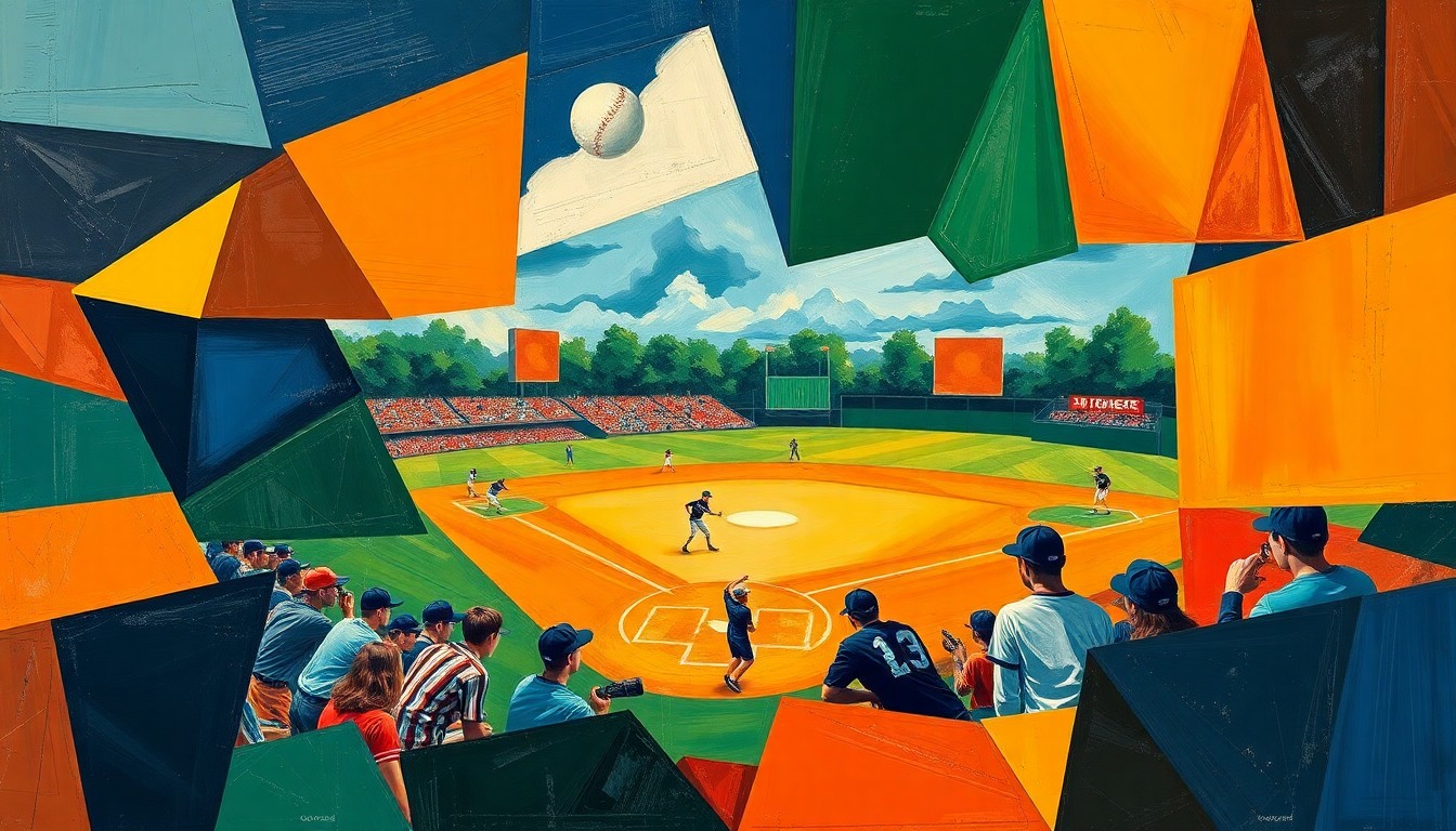 A fractured, geometric painting depicting a high school baseball game, with sharp, overlapping planes of color representing the various plays and movements of the players on the field.