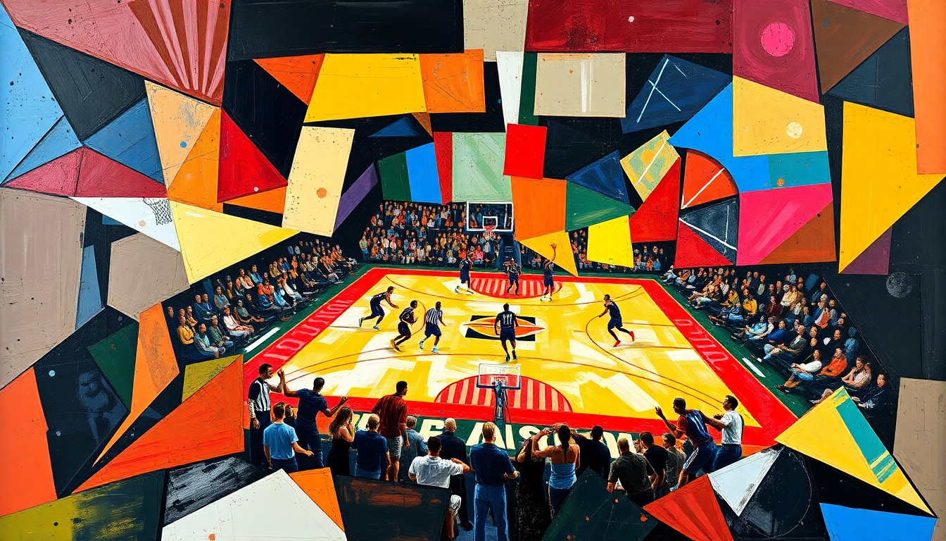 A cubist, geometric painting featuring overlapping, angular shapes in vibrant colors that capture the dynamic movement and intensity of a basketball game, symbolizing the uncertainty surrounding Joel Embiid's health and its impact on the Sixers' postseason aspirations.