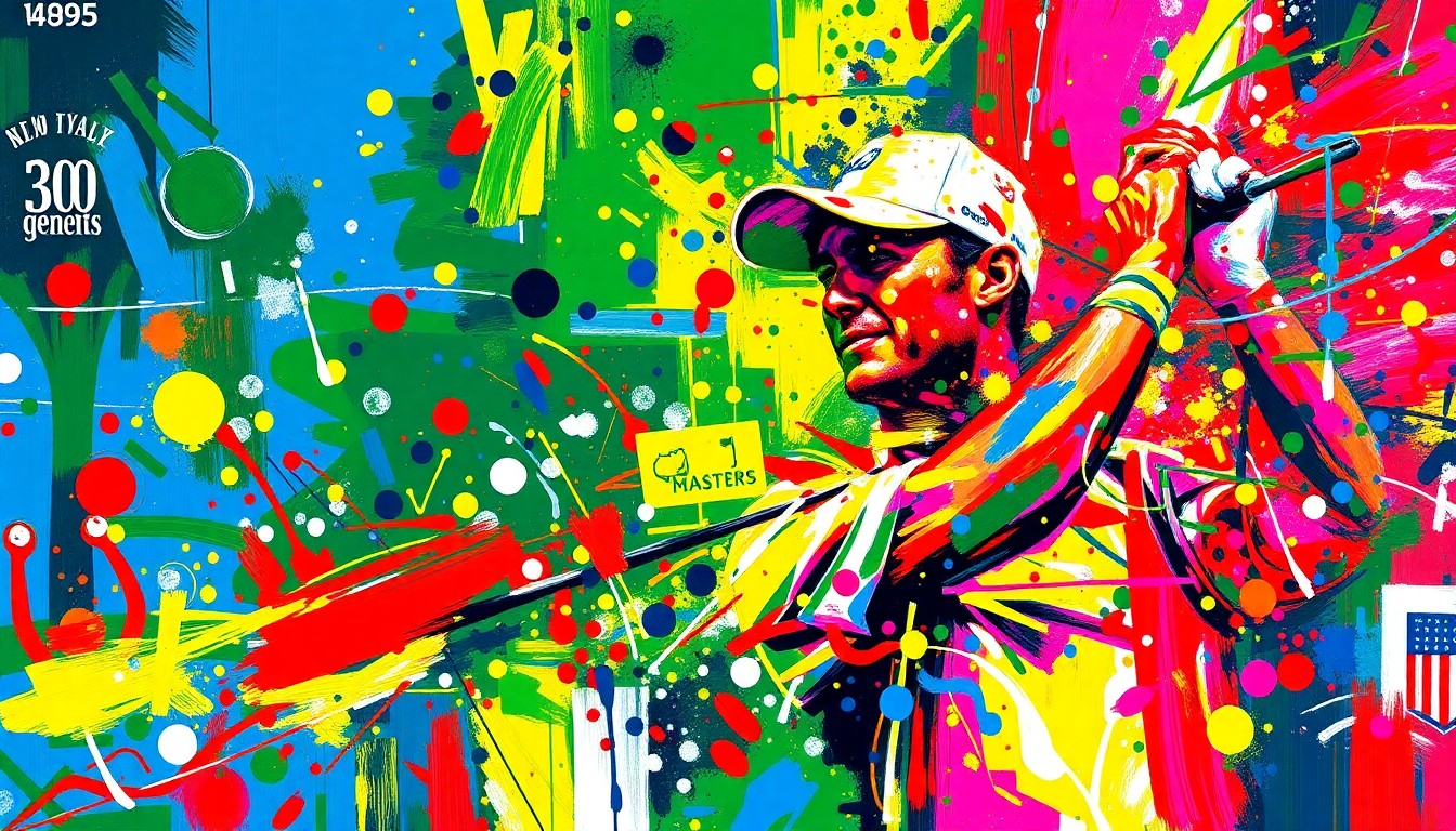 An abstract, expressionist painting in vivid neon colors, featuring dynamic brushstrokes and dissolving shapes that capture the energy and excitement of the Masters golf tournament.