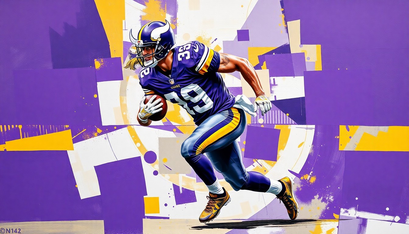 A cubist, geometric painting depicting a football player in mid-stride, broken down into sharp, overlapping planes of purple, gold, and white, representing the loss of a key defensive player for the Minnesota Vikings.