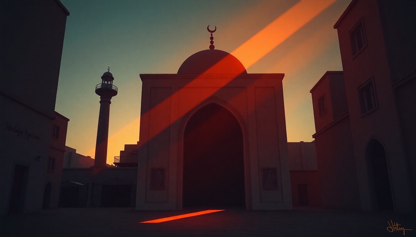 A quiet, cinematic painting of a dimly lit mosque entrance, with warm diagonal sunlight casting deep shadows across the doorway and surrounding buildings, conveying a sense of unease and uncertainty.