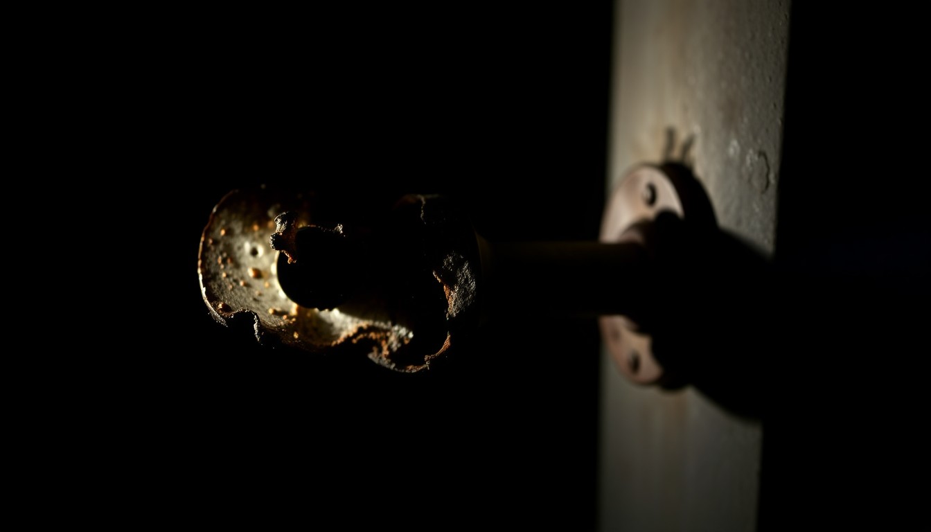 An extreme close-up of a charred, twisted metal object, such as a door handle or window frame, lit by a harsh, direct camera flash against a pitch-black background, conveying a stark, gritty, and investigative aesthetic.