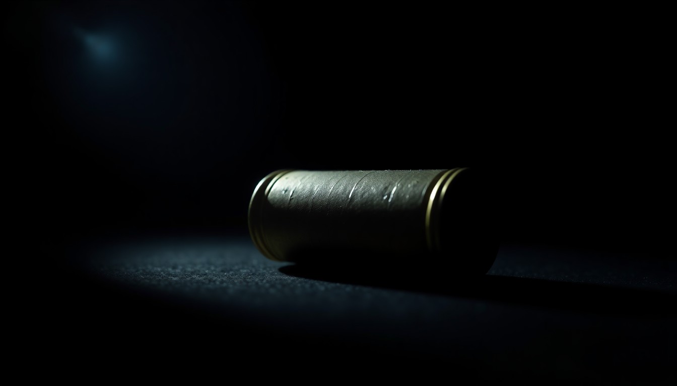 An extreme close-up photograph of a spent shell casing reflecting a bright flash of light, conceptually illustrating the physical evidence of a deputy-involved shooting incident.