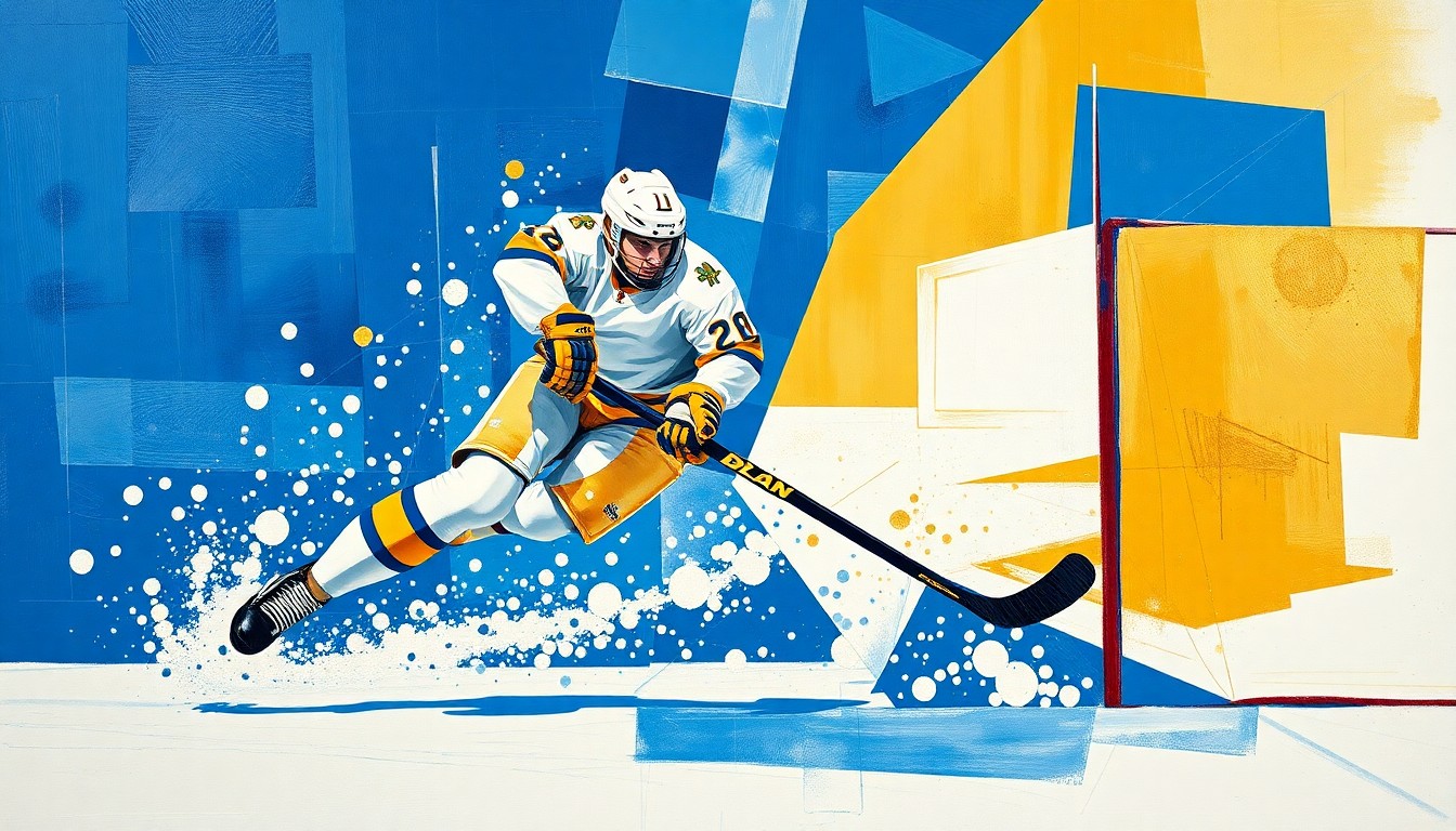 A cubist, geometric painting depicting a hockey player scoring a goal, with the player's form broken down into sharp, overlapping planes of blue, gold, and white.
