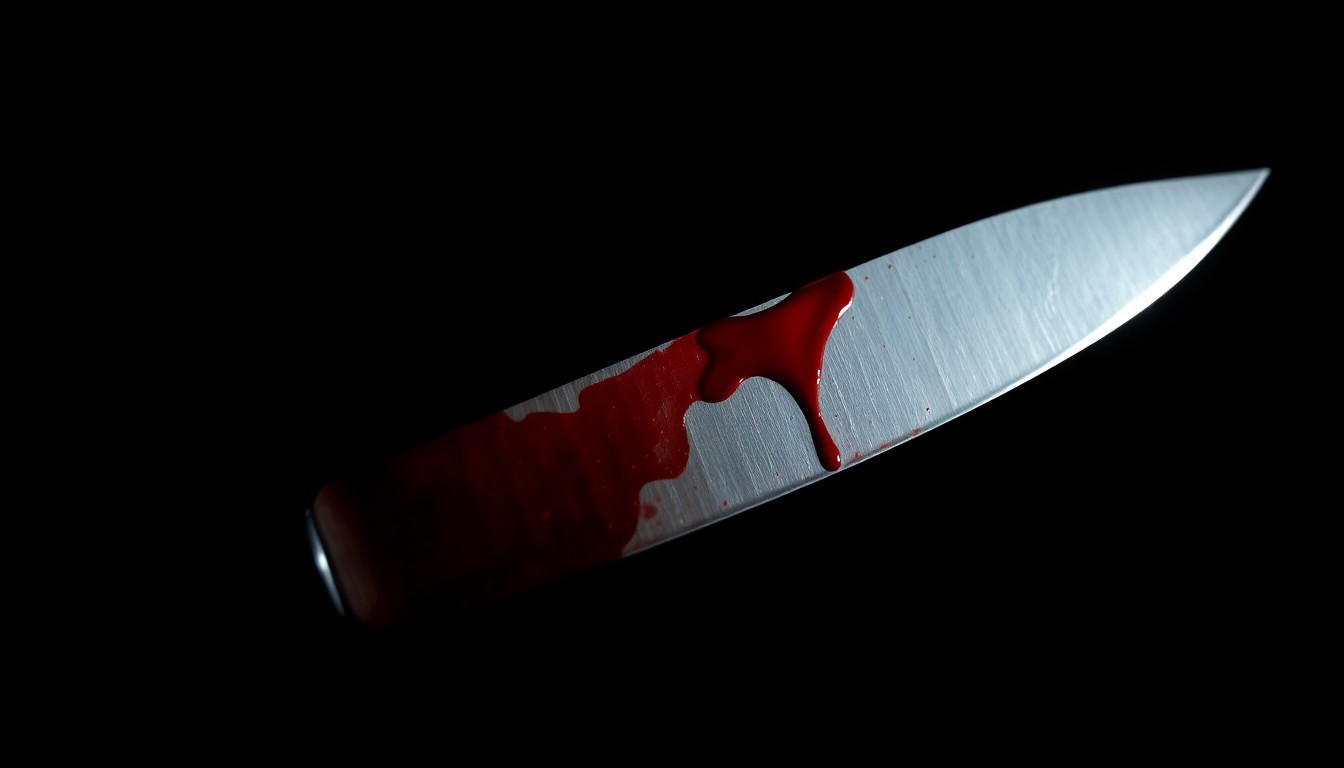 An extreme close-up of a bloodied knife blade, the harsh flash illuminating the sharp metal edge against a pitch-black background, conveying the stark, gritty reality of a violent crime.