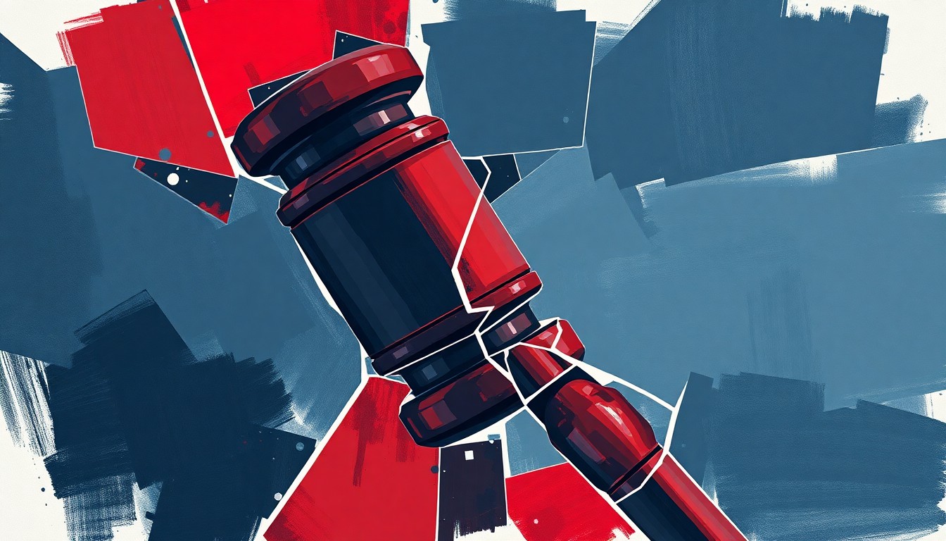 A dynamic, fragmented painting depicting a political symbol like a gavel in shades of navy, gray, and red, conveying a sense of turbulence and disruption in the political sphere.
