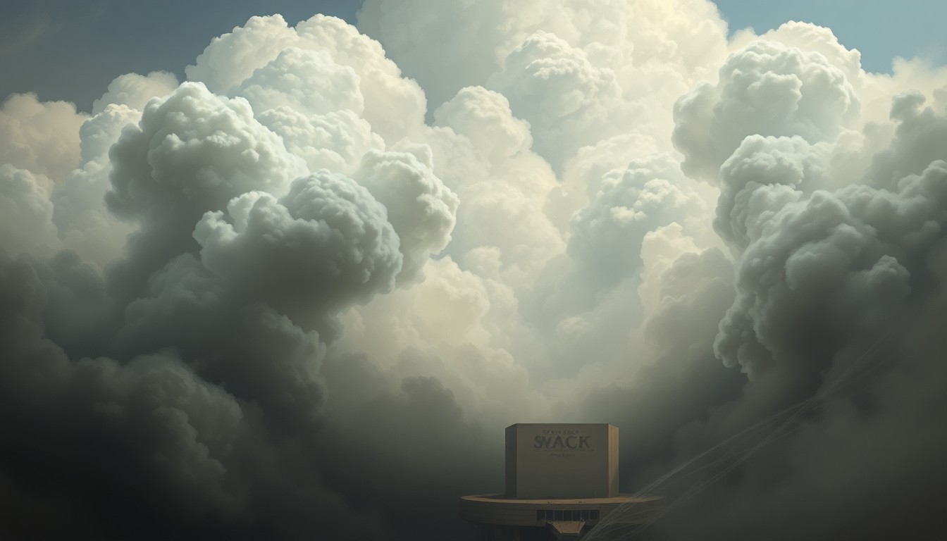 A sweeping, atmospheric landscape painting depicting a massive, billowing cloud of dark smoke obscuring the details of a large shopping mall structure in the distance, conveying a sense of the overwhelming power of nature.
