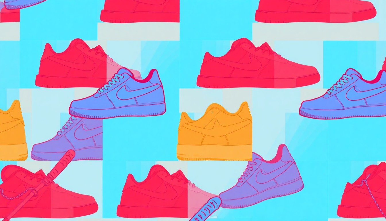 A bold, vibrant silkscreen illustration of a single shoe product repeated in a grid pattern, using a high-contrast neon color palette to transform an everyday consumer item into a striking pop art image.