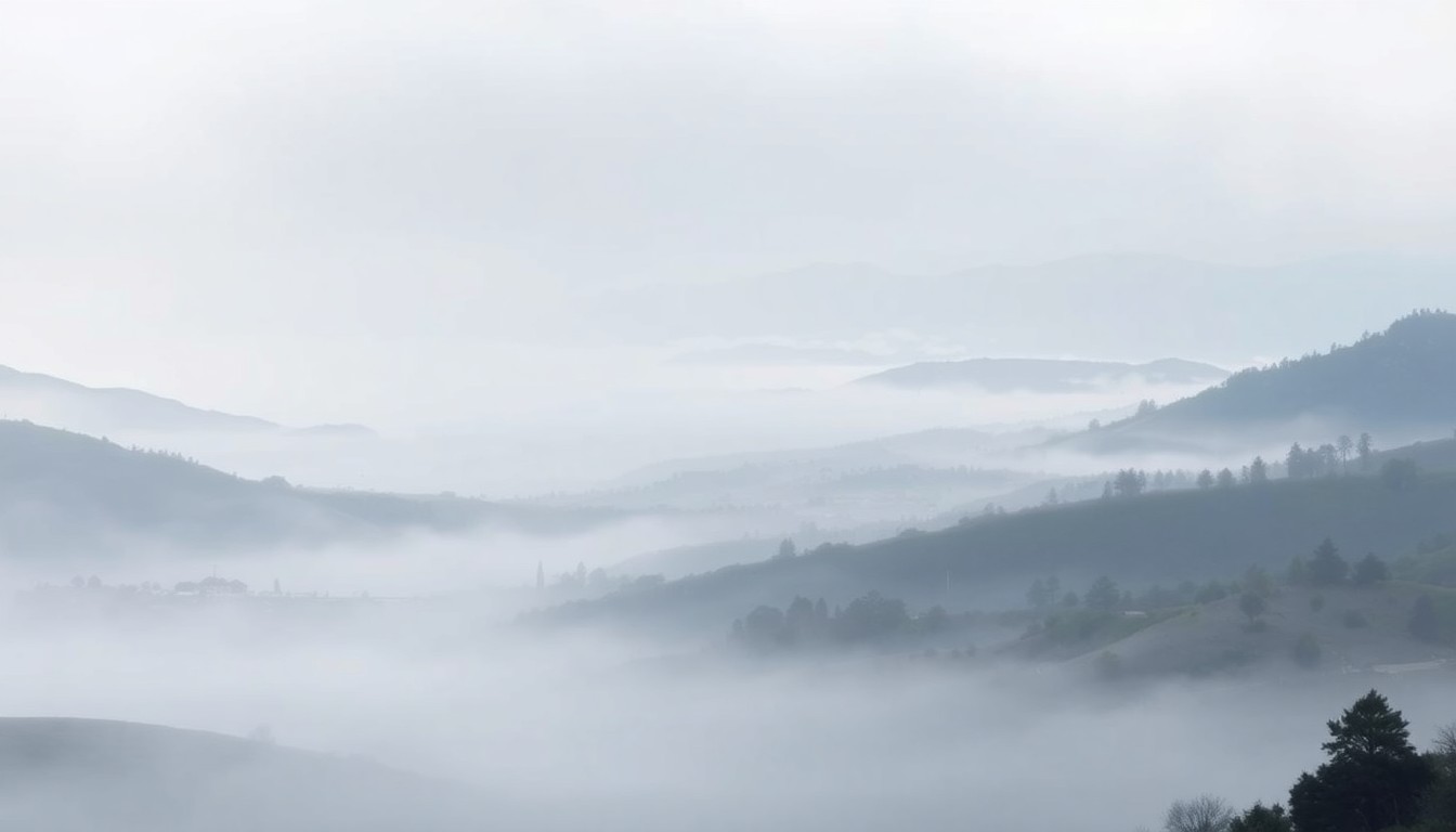 A hazy, atmospheric landscape painting in muted tones of grey, blue, and green, with the faint silhouettes of hills and trees emerging from the mist, conveying a sense of the overwhelming scale and power of the natural world.