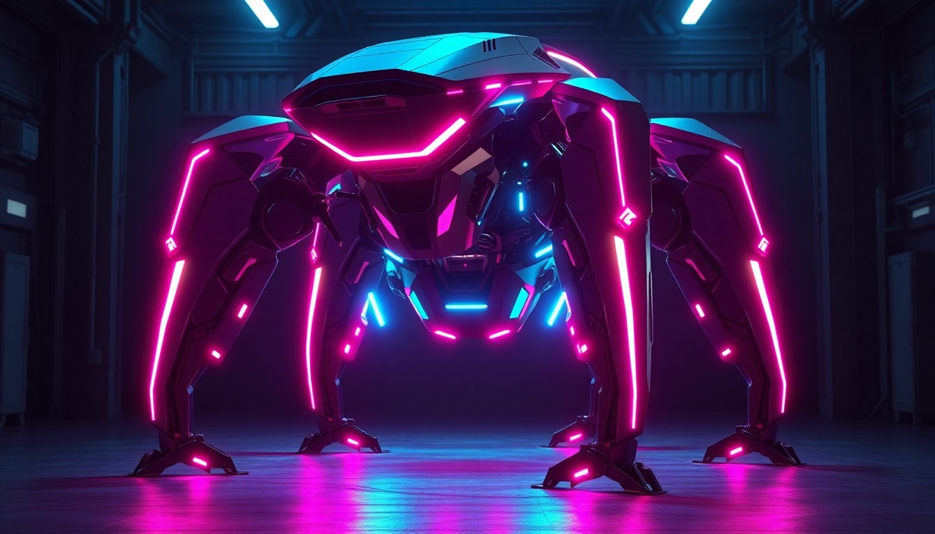 A highly detailed, glowing 3D illustration of a sleek, angular quadruped robot with neon cyan and magenta lights, conveying a sense of advanced, high-tech capability in an industrial setting.