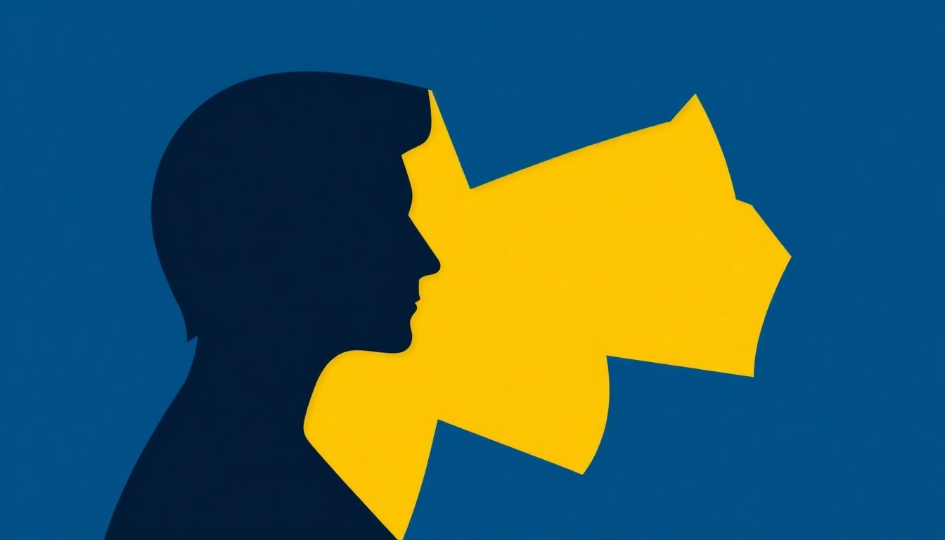 An abstract, minimalist illustration composed of jagged, geometric shapes in shades of blue, green, and yellow, conceptually representing the themes of self-discovery and personal growth explored in the two local theater productions.