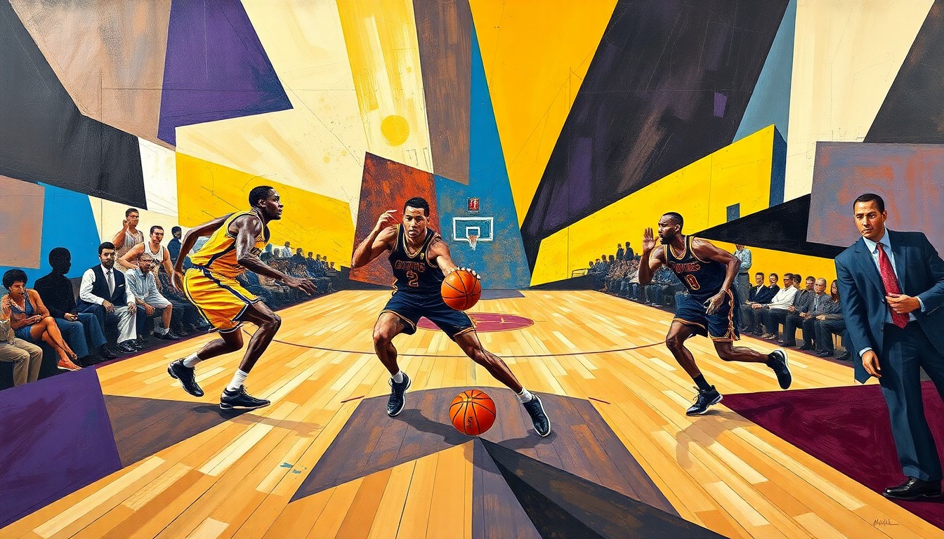 A fragmented, geometric painting in the style of Pablo Picasso, depicting the dynamic movements and energy of a basketball game between two teams, with the players' forms broken down into abstract shapes and planes of color.