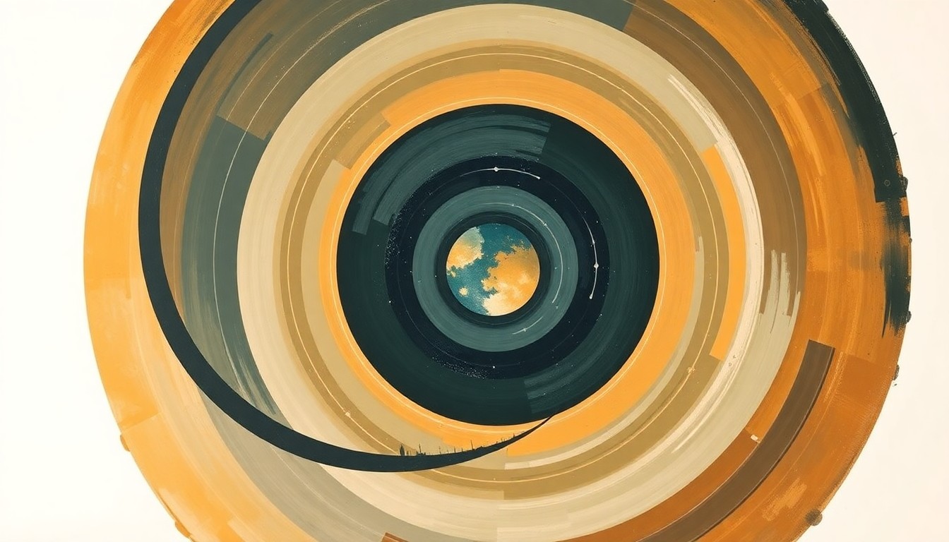 A highly structured abstract painting in muted earth tones, featuring sweeping geometric arcs, concentric circles, and precise spiraling forms, conveying the complex forces and concepts of the Artemis II mission to the moon.