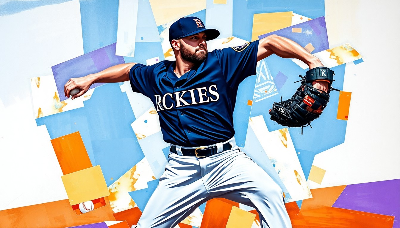 A cubist-style painting depicting a baseball pitcher's motion broken down into sharp, overlapping geometric shapes in the Rockies' team colors of navy, purple, and white, conveying the dynamic changes happening in their pitching staff.