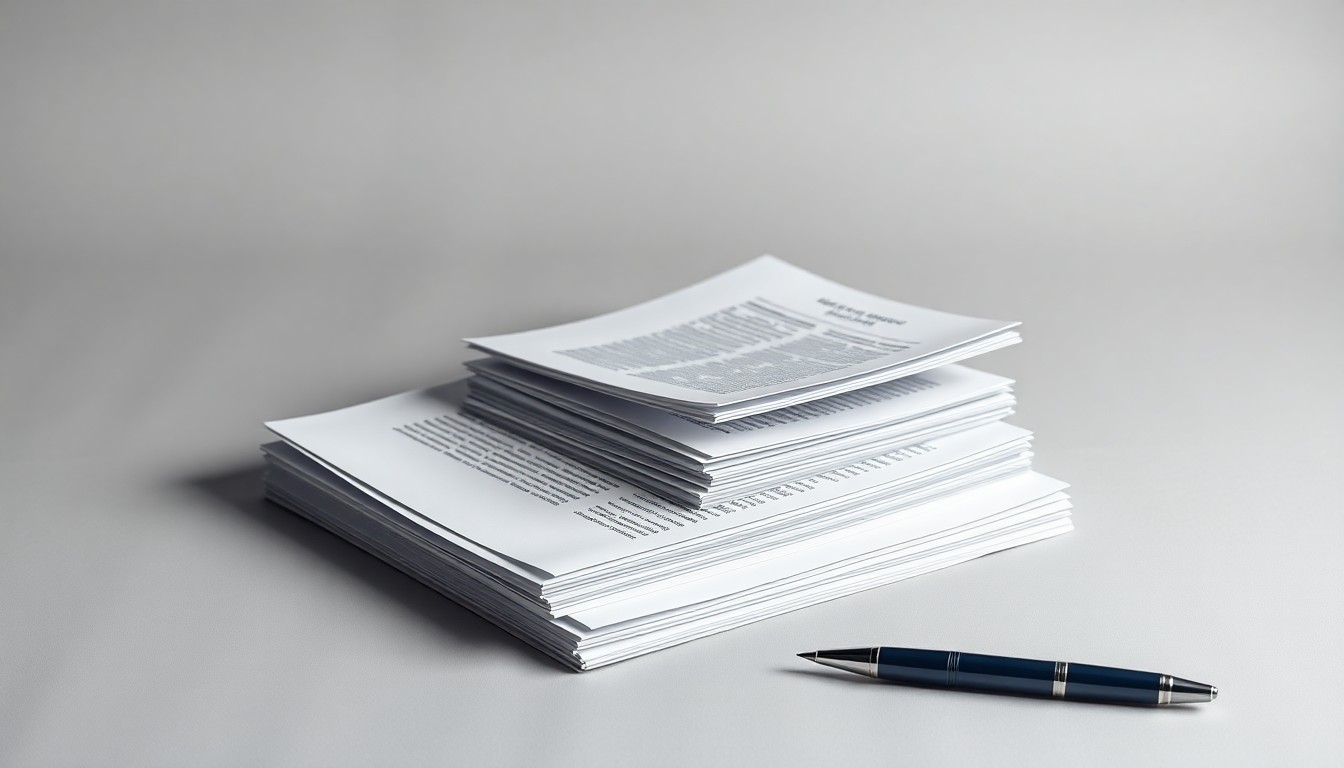 A photorealistic studio still-life image featuring a stack of legal documents and a pen on a clean, monochromatic background, representing the abstract corporate legal issues and financial risks associated with the alleged securities fraud.