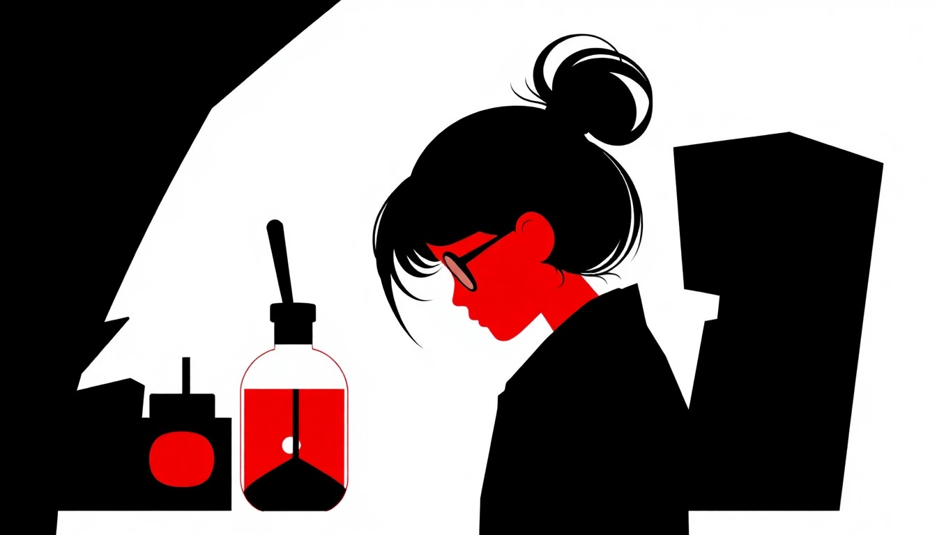 An abstract composition of bold, geometric shapes in red, white, and black evokes the themes of a young girl's passion for science and her journey to find her place in a competitive academic environment.