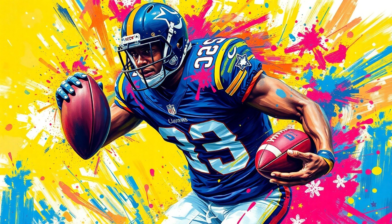 A dynamic, colorful painting in the style of LeRoy Neiman, featuring an abstract depiction of an NFL wide receiver's fluid movements and energy, with the player's face and uniform details obscured by vibrant brushstrokes in neon shades of blue, green, and orange.